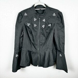 INC International Concepts Gray Peplum Military Zip Up Jacket Rhinestone Detail